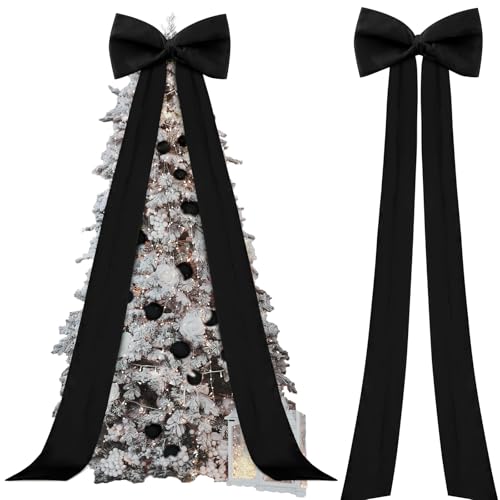 Knitgrip Extra Large Christmas Tree Topper Bow 118x28 Inch Giant Bow with Long Streamers Huge Decorative Oversized Wrapping Gift Decor for Xmas Tree Holiday Party Wedding Arch(Black,Satin)