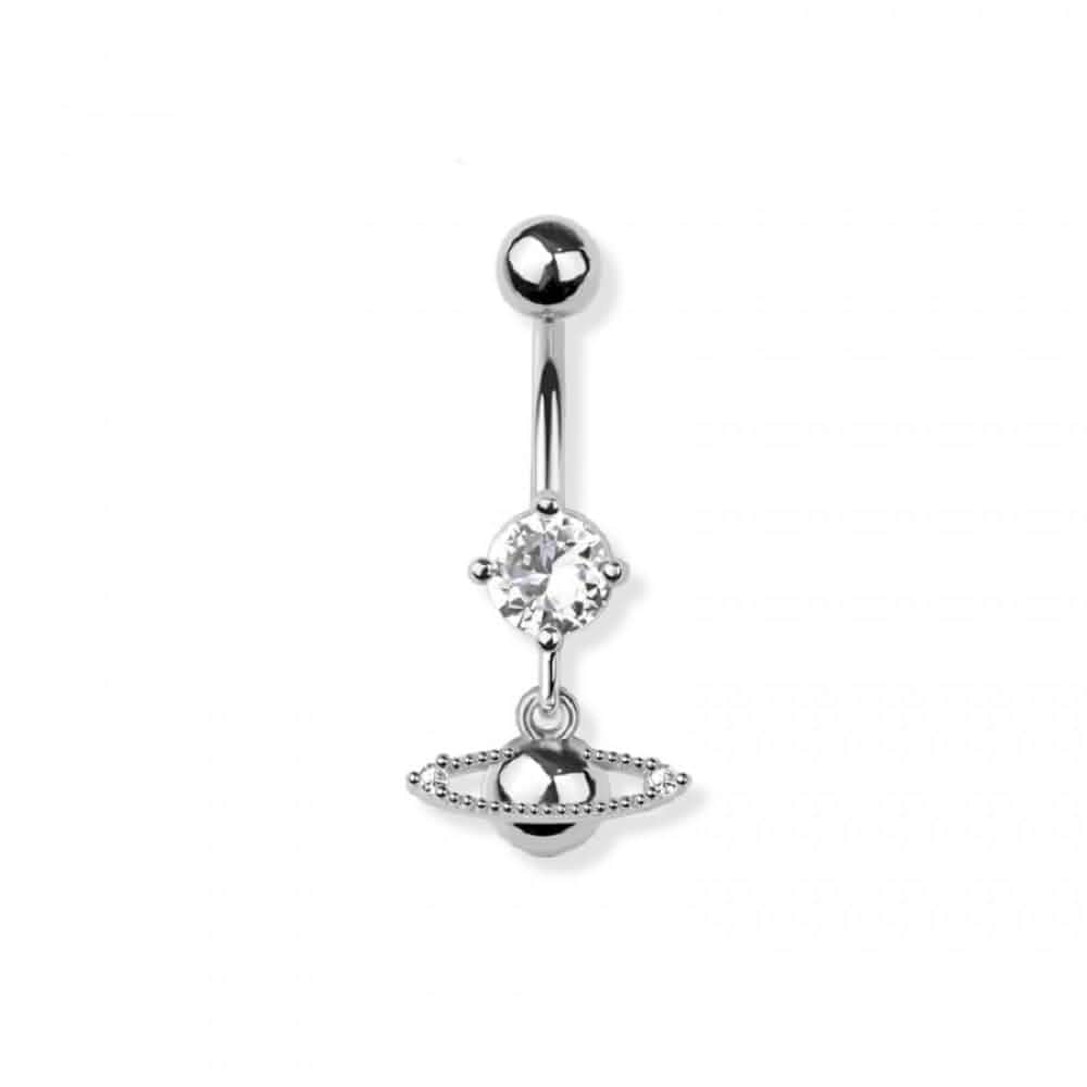 Pierced Owl 14GA 316L Stainless Steel CZ Crystal Saturn Planet Dangling Belly Button Ring