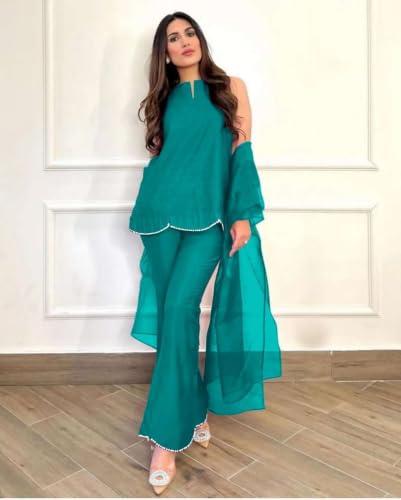 Image of Pearl Embroidered Solid Kurta Palazzo Set|Indo Western Party Outfit with Organza Net Dupatta|Sleeveless Kurti for Women