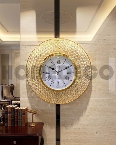 Image of HOMEDECO Decorative Crystal Wall Clock Analog 6 Lines of Diamond Beads Iron Clock, Roman Numbers Modern Fancy Designer Clock, Luxury Large Victoria for Home Decor Items Best Gift (Golden 39x20.32cm)