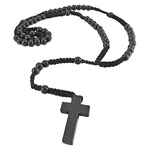 Collier Pendentif en bois avec perles en forme de croix noires rétro de 61 cm, chaîne chapelet femme