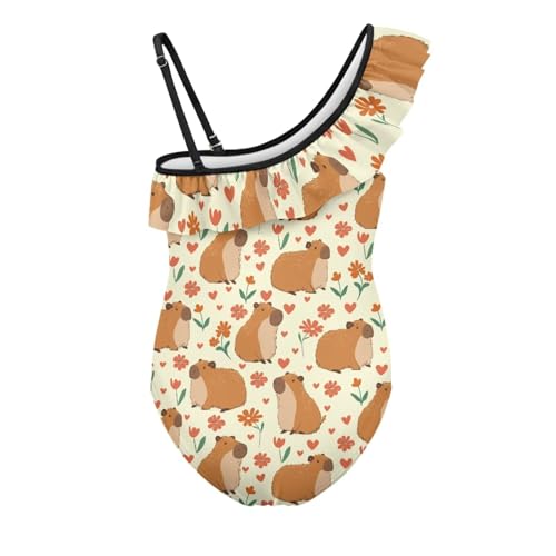 Forchrinse Capybara One Piece Swimsuit for Girls Cute One Shoulder Ruffle Bathing Suit Summer Beach Swimwear2