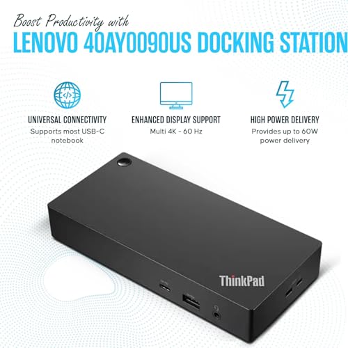 40AY0090US Lenovo Thinkpad Docking Station Dual Monitor - Supports 4K Display, Thinkpad Dock with 90W, HDMI, DP, USB C Cables - Lenovo Docking Station