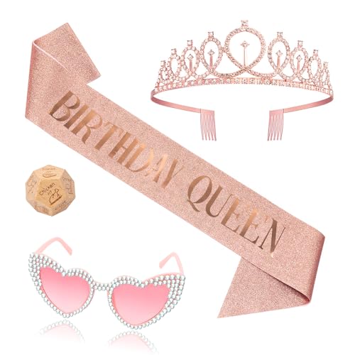 OLOSONG 4 Pcs Birthday for Women Gifts, 1th-100th Birthday Sash Tiara - Rose Gold Birthday Queen Tiara and Sash for Women, - Birthdays Gifts Sash for Girl Birthday Party Supplies (Rose)