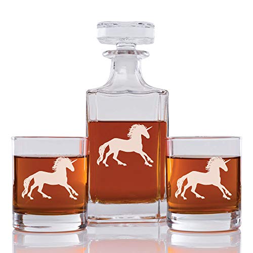 Abby Smith Unicorn Engraved Decanter and Rock Glasses, Set of 3