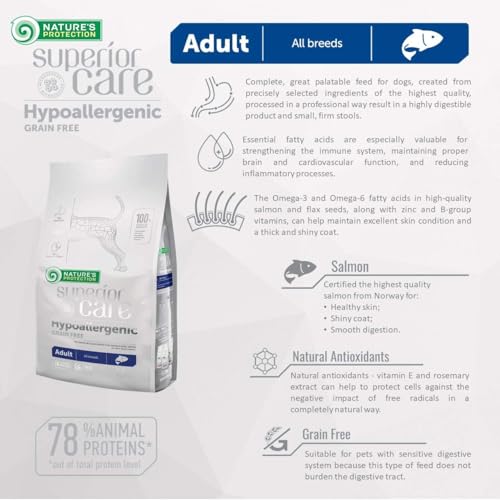 Nature’s Protection Superior Care Trockenfutter für Hunde - Hypoallergenes Hundefutter Trocken Getreidefrei mit Lachs für empfindliche Erwachsene Hunde - Omega 3 & 6 - Haut, Fell & Verdauung (1.5kg)