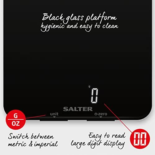 Salter 1180 BKDR Phantom Electronic Kitchen Scale, 5 Kg Maximum Capacity, Hidden until Lit Easy Read Display, Large Ultra Slim Glass Platform, Add & Weigh Functions, Measures Liquids, Black