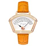 T-ENGINE Relojes de pulsera para mujer, relojes de pulsera de cuarzo con correa de cuero, esfera en forma de abanico, superficie de diamante, relojes pequeños para mujer, Naranja
