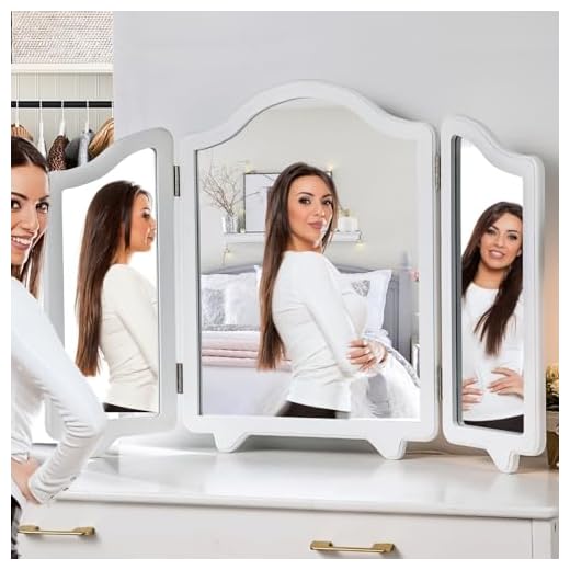 LUXFURNI Hollywood Large Vanity Trifold Makeup Mirror, 3 Side Folding Tabletop Mirror White