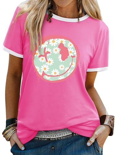 Image of WIEIYM Women's T-Shirts Crew Neck Short Sleeve Ladies T Shirts Casual Summer Tops Smile Face Printed Tee Shirts Blouse S-XXL