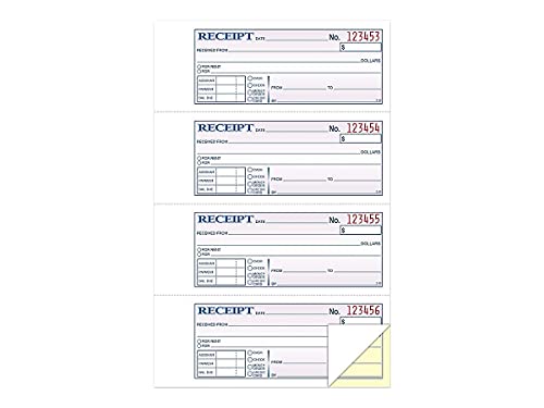 Adams Money and Rent Receipt Book, 2-Part, Carbonless, White/Canary, 7-5/8" x 10-7/8", Bound Wraparound Cover, 200 Sets per Book, 4 Receipts per Page (DC1182)