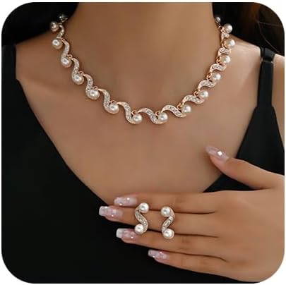 Pearl Bridal Necklace Earrings Set Sliver Rhinestone Necklaces Crystal Bride Choker Necklace Jewelry Set Pearl Accessories for Women