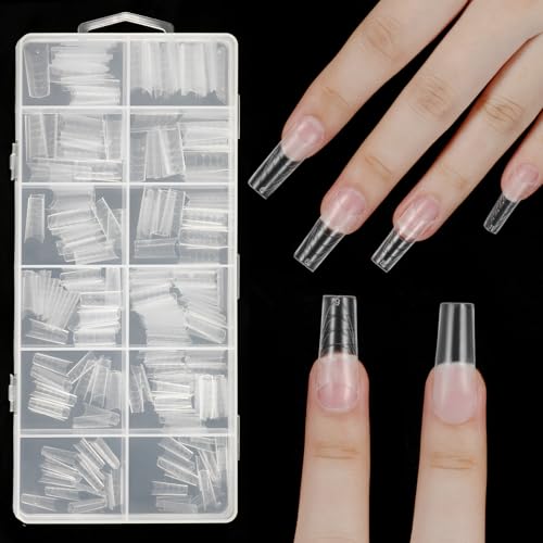JSRQT 240 Pièces Faux Ongles Long Cercueil avec Ligne Auxiliaire, 12 Taille Demi-Couverture Capsule Ongle Gel Préformée, Acrylique Faux Ongles Français Manucure Extension de Ongles pour Femmes Filles
