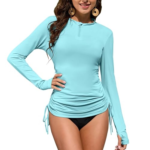 ZAFUL Rash Guard Breathable Quick Dry UV Protection Long Sleeve Drawstring Hem Waist Pleats Sun Protection Top Blue L