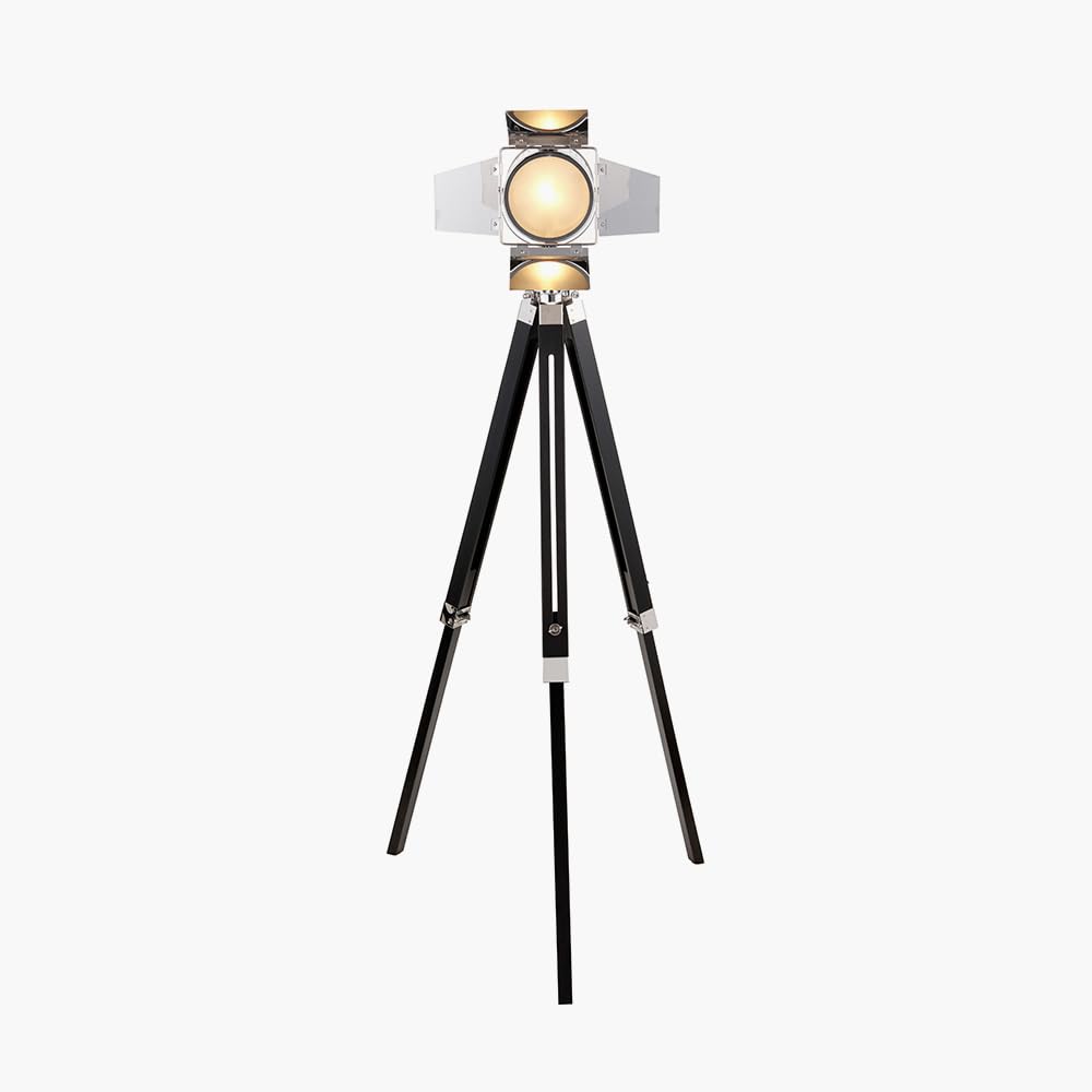 Ruma Retro Industrial Film Tripod Floor Lamp Grey Metal Wooden Base in Silver