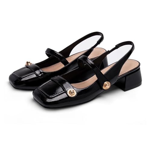Image of Slingback Mary Jane Heels for Women Low Block Heel Closed Square Toe Pump Shoes Heels Classic Daily Office Dressy Shoes