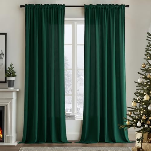 Image of MIULEE Hunter Green Semi Sheer Privacy Curtains Drapes 2 Panels 52W x 96L | Semi sheer privacy, non-see-through, light filtering, fits kitchen, bathroom, bedroom