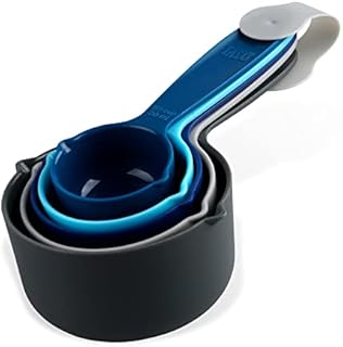 Tasty 5-Piece Measuring Cups Set for Baking, Nesting Cups Set, Plastic Measure Cups Set, Baking Measuring Cups, Baking Gadgets, Dimensions: 1/8, 1/4, 1/3, 1/2, 1 Cup, Colours: Light Blue, Blue, Grey