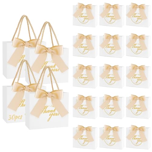 💝【Super Value Set & Design Squisito】-- Riceverete 30 sacchetti regalo bianchi con nastro a fiocco d'oro e 60 manici d'oro, questi piccoli sacchetti regalo sono progettati con un classico foglio d'oro unico 