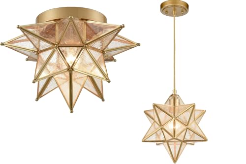 Image of DAYCENT Brass Moravian Star Flush Mount Ceiling Light & Pendant Light Bundle (12.7-in and 11-in)
