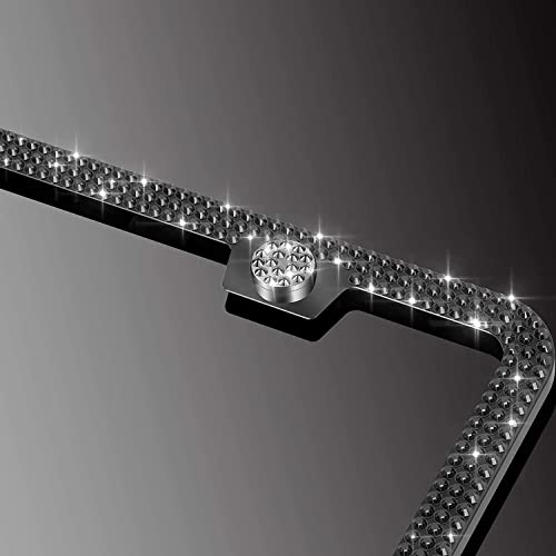 1Black Sparkle License Plate Frame, Luxury Glass Crystal Bling License Plate Frame For Women Cute, Thin Border Stainless Rhinestone Bedazzled Diamond License Plate Frame With Anti Theft Screw Caps #TOP5