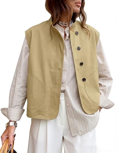 Watashi Women's Stand Collar Cotton Vest Casual Button Up Oversized Sleeveless Waistcoat Spring Summer Layering Cardigan (Khaki-XL)