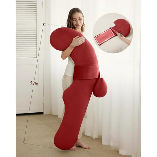Image of J-Shaped Sleeping Pregnancy Pillow| Removable Velvet Covers| PregnoCare Fibres| Baby Shower Gift, Maternity, Nursing| Full Body Soft-Support Bump, Head, Back, Shoulder, Hips, Legs and Belly (Red)