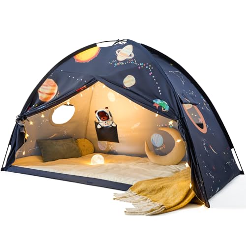 Tiny Land Space Galaxy Bed Tent for Kids – Sleep Bed Canopy with 9 Planets Design, Easy-to-Install Indoor Kids Play Tent, Imaginative Playhouse, Ideal Gift for Boys & Girls – 77' x 40' x 46'
