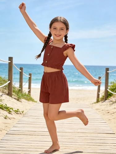 Image of Girls Summer Outfits Textured Botton Front Flutter Sleeve Shirt Ruffle Hem Crop Top and Solid Shorts Sets Rust Red 13-14 Years