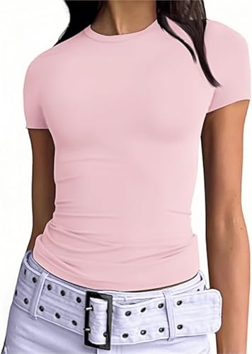 Damen T-Shirt Basic Kurzarm Crop Top Y2K Slim Fit Oberteile Casual Rundhals Tee Shirts(Hellrosa,M)