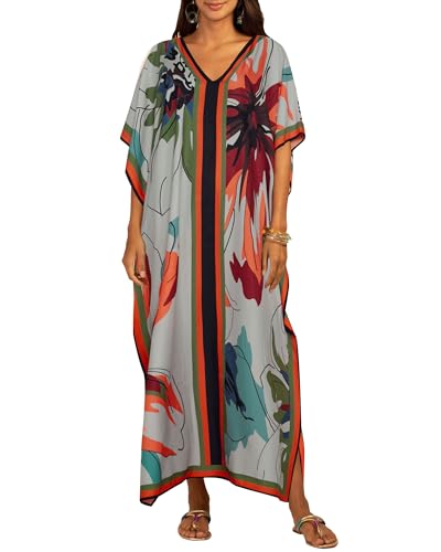 Bsubseach Women Plus Size Kaftan Dress Swimsuit Cover Up Caftan Maxi Beach Dresses Cover Ups Coral Flower