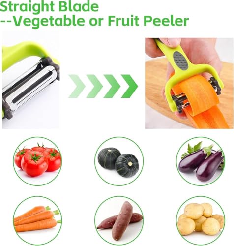 Image of 3 in 1 Rotary Multi-Functional Peeler, Suitable for Vegetable and Fruit, with Serrated Blade + Straight Julian Stainless Steel, Anti-Slip Handle Design, Slicer Kitchen (Pack of 1)