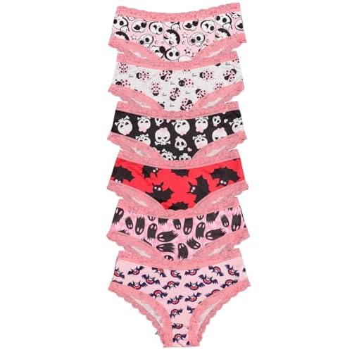 Morvia 6pcs Women Underwear Gothic Sexy Halloween Skulls Roses Allover Print Contrast Lace Hipsters Panties Large 6pcs Pink Lace Trim