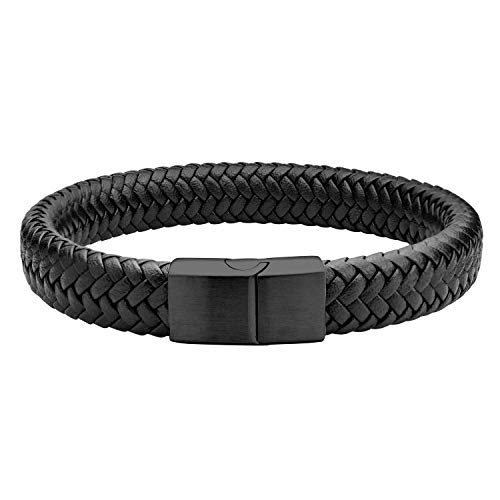 555Jewelry Stainless Steel Magnetic Clasp Braided Brown & Black Leather Bracelet for Men