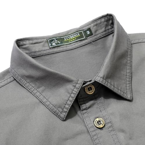 Zyvrenix Men's Shirts Casual Outdoor Cotton Button Down Shirt Jacket Long Sleeve with Pockets Light Gray 2XL — view 3