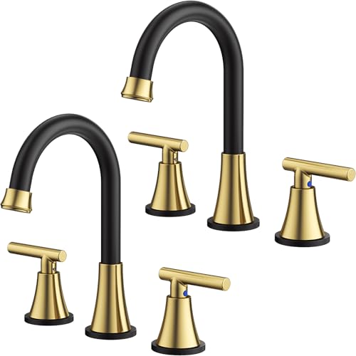 Image of Bathroom Faucet 3 Hole, Black& Gold Faucets with Drain and Supply Lines | Hurran Stainless Steel Lead-Free Widespread Bathroom Sink Faucet for Vanity RV Restroom Laundry Outdoor Camper, 2 Pack