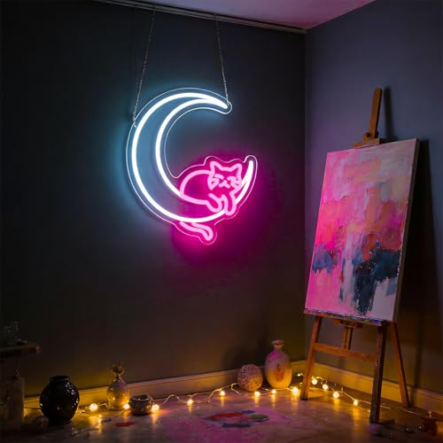 Moon Cat Neon Sign Girl Room Decor Led Neon Lights Signs for Wall Decor USB Powered Led for Room Decoration - Thumbnail 3