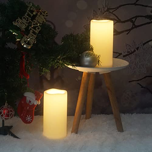 Image of CANDLE CHOICE Waterproof Outdoor Battery Operated Flameless Candles with Timer Large Plastic Resin Bright Flickering Electric LED Pillars Lantern Garden Wedding Christmas Decorations 4 inch(D)x8 inch(H) 2 PCS