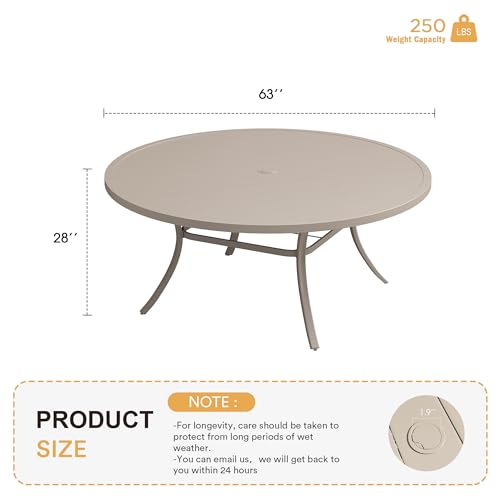 Image of VICLLAX 63 inch Outdoor Round Patio Table with Umbrella Hole, All Weather Metal Round Outdoor Dining Table for Lawn Garden, 8-10 Person Table, Sandshell