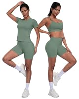 SALSPOR Women 3 Piece Workout Sets Seamless Running Tops Athletic Gym Yoga Short Y Back Sports Bras Outfits(3DXTZ-Grayish Green-M) — image 4