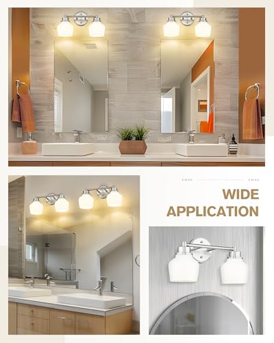 Image of Emak Brushed Nickel Bathroom Light Fixtures, 2-Light Bathroom Vanity Light with Milk Glass Shade, Modern Vanity Lights for Bathroom, Mirror, VL122-BN-ML-2