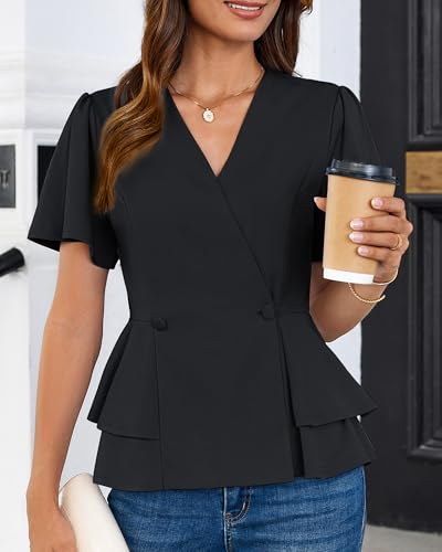 GRACE KARIN 2025 Women's Business Casual Outfits Peplum Tops Dressy Summer Short Sleeve V Neck Wrap Work Blouse Shirts2