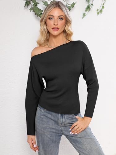 Womens Off Shoulder Sweaters 2025 Fall Long Batwing Sleeve Loose Fit Knit Tops Casual Pullovers Jumpers3