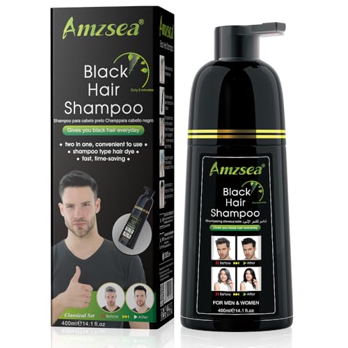 Amzsea Champú Tinte Negro Semi-Permanente para Canas, para Mujeres y Hombres, Ingredientes Herbales y Sin Amoniaco, 3 en 1 100% Cobertura de Canas (14 Fl oz) (Botella Negra)