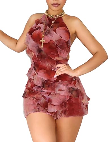 Image of Yuopeid Women's Sexy Halter Neck Backless Printed Mini Dress Floral Layered Ruffle Bodycon Short Party Dress