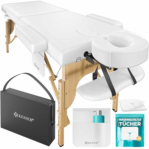 KESSER® Camilla de masaje móvil plegable y regulable en 3 zonas, cama de masaje, mesa de masaje, camilla de masaje ancha con pies de madera, reposacabezas y reposabrazos, incluye bolsa de transporte y