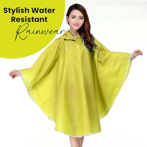 Image of HACER EVA Raincoat Poncho 160 GSM with Adjustable Hood Full Sleeves Knee Length Universal Size Waterproof Outdoor Rainwear for Women Camping Trekking Hiking (Pack of 1, Yellow)