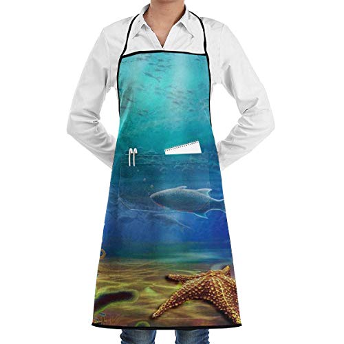 KenFandy Unisex Adjustable Chef Apron with Pocket 3D Ocean Seahorse Bib Apron Kitchen Apron Adjustable Extra Long Ties for BBQ Baking and Cooking Black