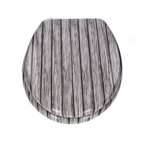 TP WC-Sitz mit Absenk-Automatik und Motiv, Soft-Close-Funktion, Toiletten-Deckel mit Holz-Kern, ovale O-Form, EU-Größe, bis 120 kg, rostfreie Scharniere, einfache Montage (Grey Wood)
