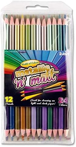 Premier Stationery World of Colour Double-Headed Colouring Pencils, Ideal for Light & Dark paper, Metallic n' Matt Drawing Pencils, Art and Crafts for Kids (Pack of 12 Pencil Set-24 Colours Craft Set)